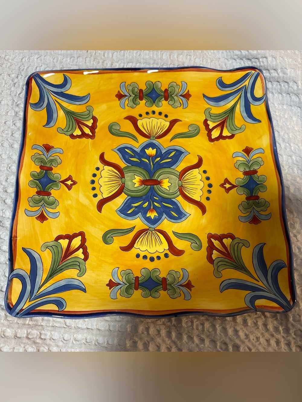 Beautiful Yellow Talavera Handpainted Square Ceramic Plate 9"